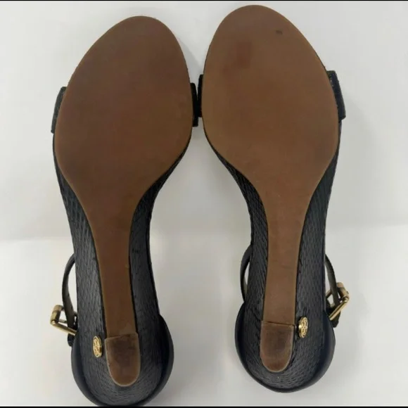 Tory Burch Savannah Wedge Black Gold Sandal Women Size 6 - Picture 8 of 11